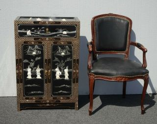 Vintage Chinese Asian Black Lacquer Storage Cabinet w Mother Of Pearl Side Table 3