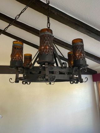 Vtg Gothic Medieval Spanish Iron Metal Amber Glass Chandelier 6 Light Fixture