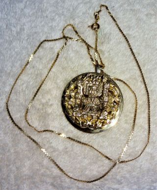 L@@k Vtg 14k Yellow Gold Aztec Mayan Pendant Pin Necklace Peru 12.  3 Grams 22 "
