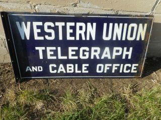 Vintage Porcelain Western Union Telegraph & Cable Office Advertising Flange Sign
