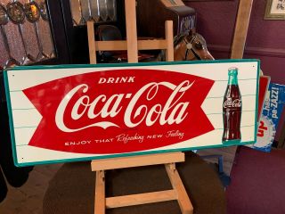 Vintage 31 " Coke Coca - Cola Fishtail Tin Advertising Sign " Watch Video "