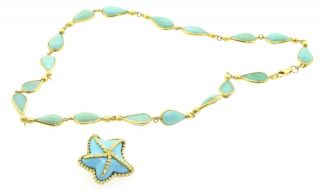 Vintage Heavy 18k Yg Natural Turquoise Necklace & Star Fish Pendant Jewelry Set