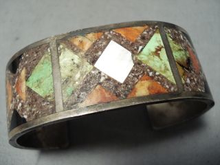 Signed Vintage Navajo Lime Green Turquoise Sterling Silver Inlay Bracelet