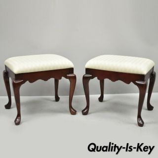 Pair Vintage Pennsylvania House Queen Anne Cherry Wood Upholstered Stools Bench