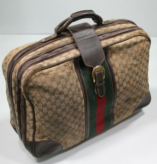 Gucci Vintage 24 " Suitcase Luggage Signature Gg Monogram Canvas & Brown Leather