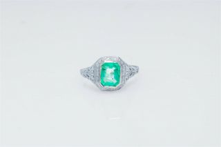 Antique 1920s $4000 2ct Colombian Emerald 14k White Gold Filigree Ring
