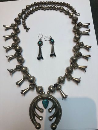 Vintage Navajo Indian Sterling Silver Turquoise Squash Blossom Necklace Earrings