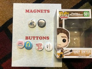 Andy Dwyer Empty Funko Pop Box Parks And Recreation 501,  Buttons & Magnets