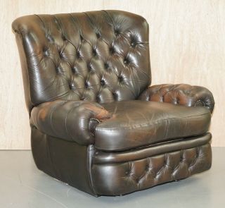 Vintage Thomas Lloyd Recliner Brown Leather Chesterfield Monks Armchair