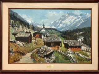 Magnificent Swiss Alps Mountains Oil On Canvas Painting Vintage