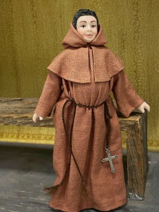 Vintage Miniature Dollhouse 1990s Porcelain Mission Priest Father Monk Linen