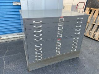 Vintage 10 Drawer Flat File Blueprint Cabinet With Base 46 1/2 " W