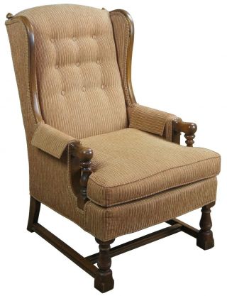 Vintage Oak & Corduroy Traditional High Wingback Club Arm Accent Chair
