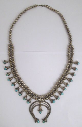 Vintage Southwest Native American Silver And Turquoise Squash Blossom Necklace