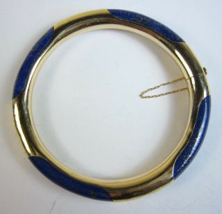 Vintage Chinese Blue Hardstone Lapis Lazuli & 14k Gold Hinged Bangle Bracelet