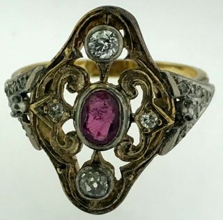 Konstantino Style Solid 18kt Gold Ruby,  Diamonds Fancy Filigree Ring Vintage
