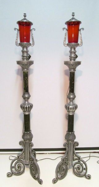 Vintage Funeral Vigil Candlestick Pair Ornate Casket Candles Electric Red Glass
