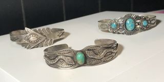 3 Vintage Sterling Silver Navajo Turquoise Fred Harvey Era Cuff Bracelets