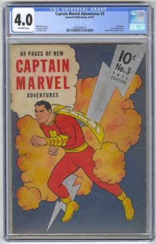 Captain Marvel Adventures 3 Cgc 4.  0 Vintage Shazam Whiz Fawcett Metallic Cover