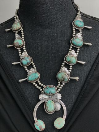 Vtg Navajo Squash Blossom Sterling Silver Turquoise Necklace 155g