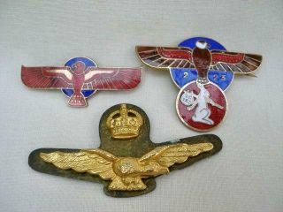 Vintage Raf Pathfinder Wings Badge & Two Other Vintage Enamel Military Badges.