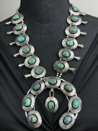 Vtg Heavy 250g Navajo Squash Blossom Sterling Silver Kingman Turquoise Necklace