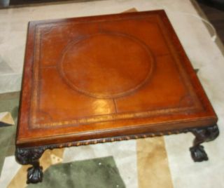 Vintage John Smith 33 1/2 " Square Mahogany Tooled Leather Top Coffee Table