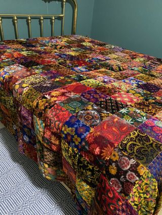 Vintage Velvet Patchwork Quilt Fitted Bedspread 1970s Bohemian Heaven 114 X 100