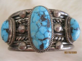 Vintage Turquoise Sterling Silver Navajo Cuff Bracelet 3 Stones Heavy Silver