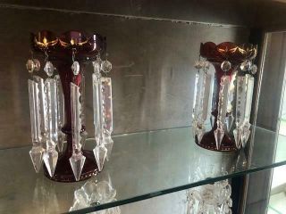 Vintage Antique Ruby Glass Lusters With Prisms
