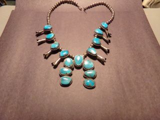 Vintage Navajo Squash Blossom Sterling Silver And Turquoise Necklace