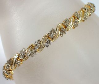 Fine Vtg Designer 14.  7g Solid 10k Yellow Gold Baguette Diamond Tennis Bracelet