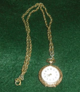 Antique 14k Gold Enamel Ladies Pocket Watch.  585 Swiss W/ Chain