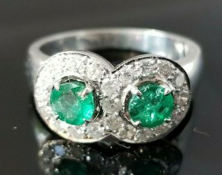 Vintage Green Emerald Double Halo Diamond 18k White Gold Ring