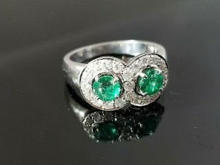 Vintage Green Emerald Double Halo Diamond 18k white gold ring 2