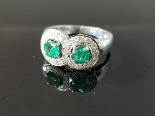 Vintage Green Emerald Double Halo Diamond 18k white gold ring 3