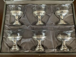6 Sterling Sherbet Dessert Cups Bowls Etched Glass Liners Vintage Set
