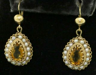 Vintage 14k Yellow Gold 4.  0ct Citrine & Pearl Drop Dangle Earrings