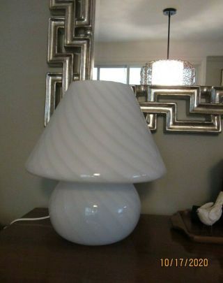 Vintage Murano Vetri Italian Art Glass White Swirl Grey Mushroom Table Lamp 15 "