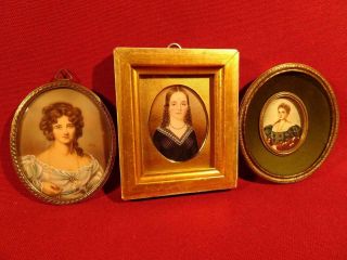 3 Vintage Antique Miniature Portrait Paintings Pretty Ladies Hand Painted