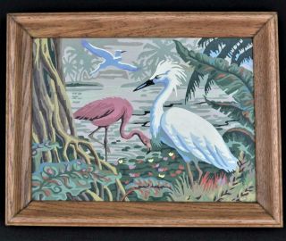 Vintage 1950s Paint By Number Flamingo Tropical Bird Egret Everglades Oak Frame