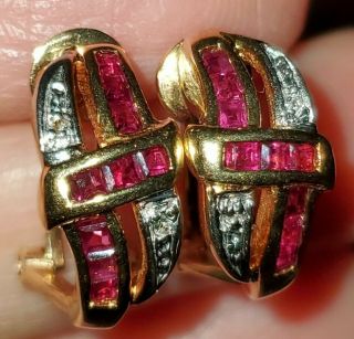 Gorgeous Vintage 14k Solid Gold Red Ruby & Diamond Omega Earrings 5.  4g