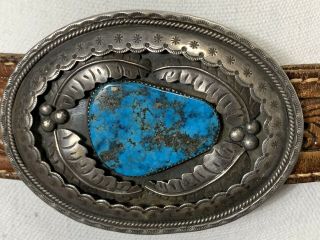 Vtg Leather Belt W/ Teddy Goodluck Navajo Turquoise Sterling Silver Belt Buckle