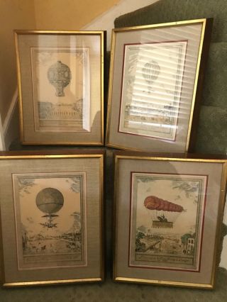 Set Of 4 Vintage Framed Charles Dupont Flight Hot - Air Balloon Prints 1783 - 1786