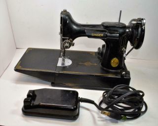 Vtg 1948 Singer Featherweight 221 - 1 Electric Sewing Machine W/ Case,  Pedal,  Access