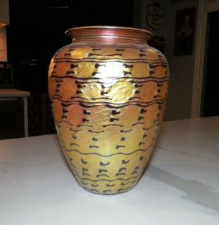 Vintage 1996 Lundberg Studios Yellow Gold Blue Art Glass Vase 7 1/2 " Tall
