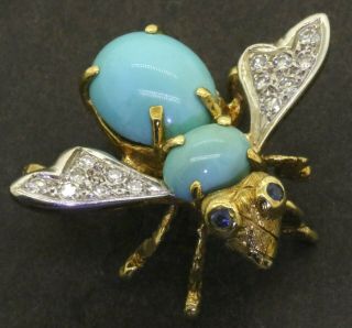 Honora Vintage 18k Yg 0.  34ct Vs1/f Diamond Sapphire & Turquoise Insect Brooch