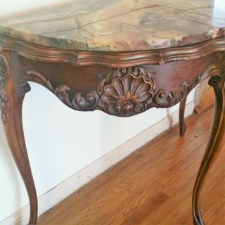 Vtg Marble Top Walnut Carved French Style Entryway Narrow Half Round Lamp Table 2