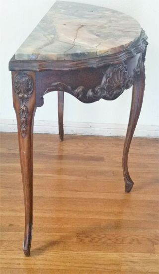 Vtg Marble Top Walnut Carved French Style Entryway Narrow Half Round Lamp Table 3
