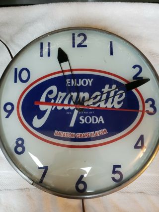 Grapette Soda Clock Vintage 15 Inch Size Lights Up Glass Lens